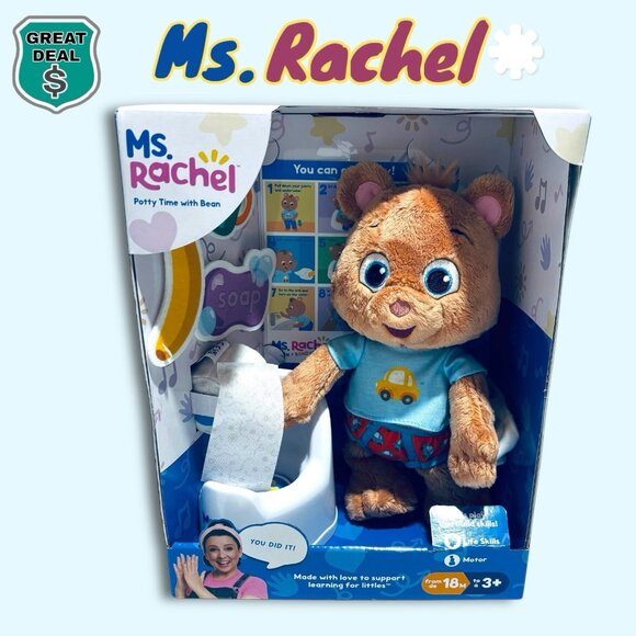 2024 Ms. Rachel POTTY TIME WITH BEAN Bear Plush Toy Play Toilet Paper & Soap NEW - Picture 1 of 8